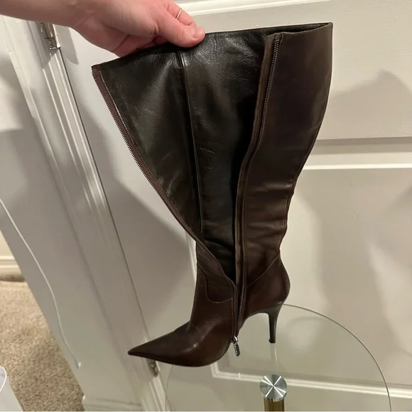 Icône Knee High Pointed Stiletto Boots in Deep Brown Leather